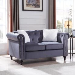 60 in. W Gray Velvet 2-Seater Loveseat with Button and Copper Nail, 2 White Villose Pillow by GODEER