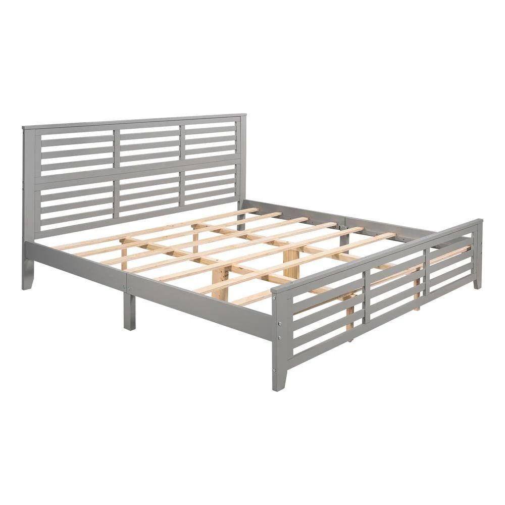 Gray King Size Platform Bed with Horizontal Strip Hollow Shape by GODEER - Image 3
