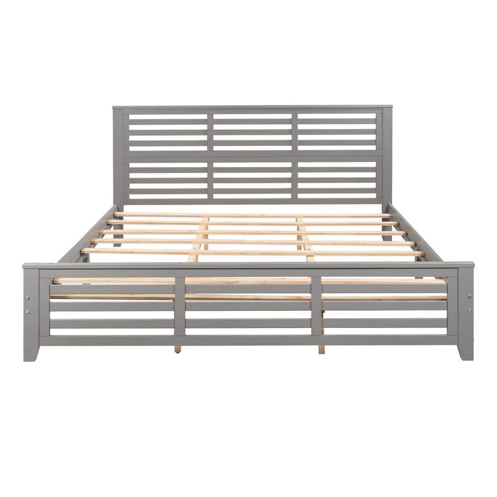 Gray King Size Platform Bed with Horizontal Strip Hollow Shape by GODEER