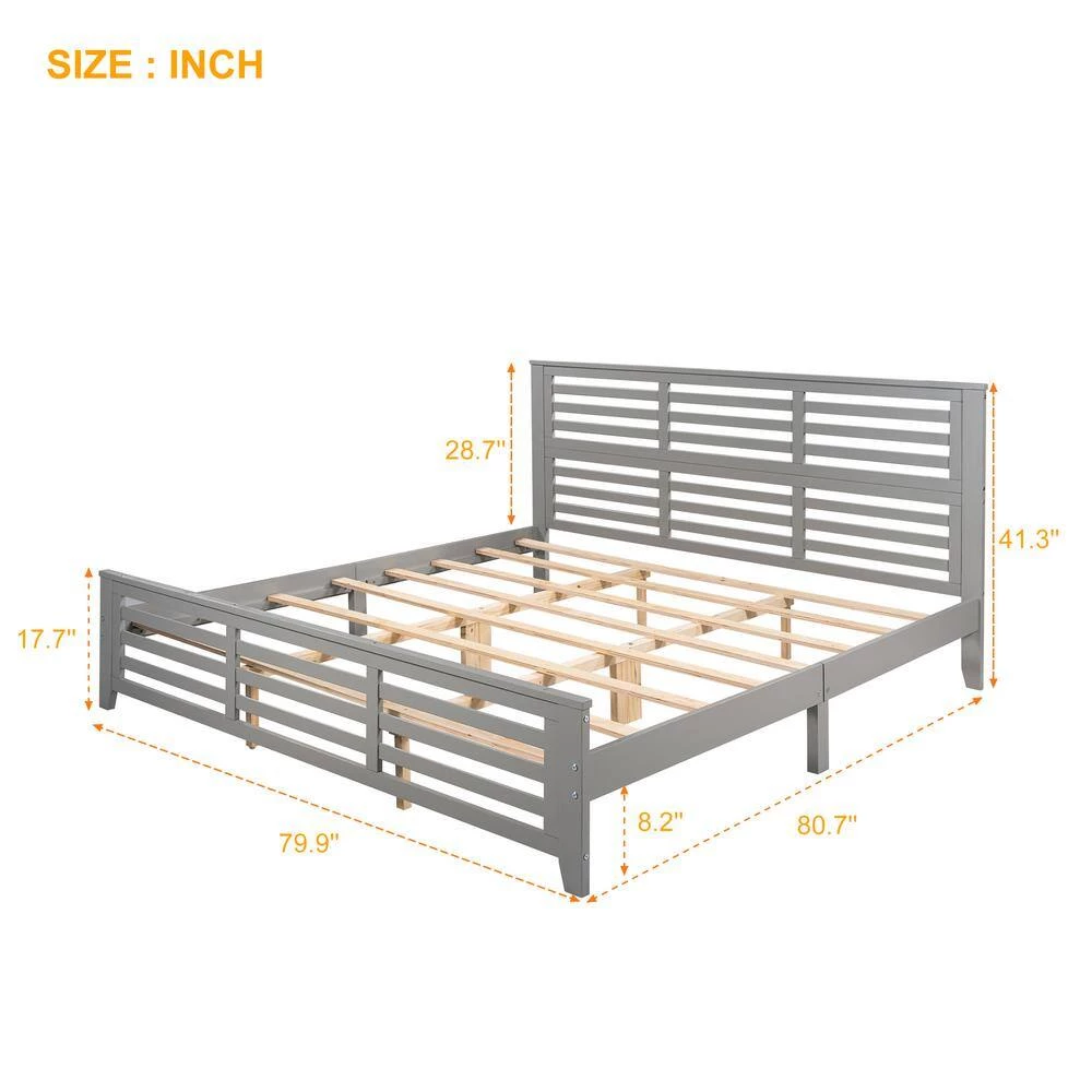 Gray King Size Platform Bed with Horizontal Strip Hollow Shape by GODEER - Image 5