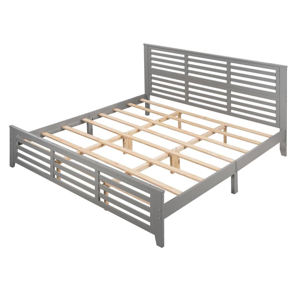 Gray King Size Platform Bed with Horizontal Strip Hollow Shape by GODEER - Image 4
