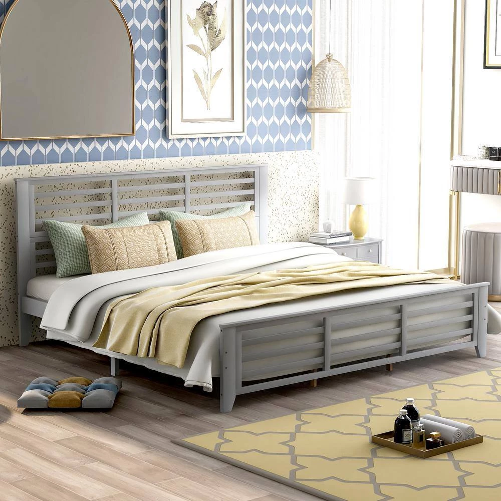 Gray King Size Platform Bed with Horizontal Strip Hollow Shape by GODEER - Image 2