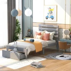 Gray Twin Size Platform Bed with Drawers by GODEER