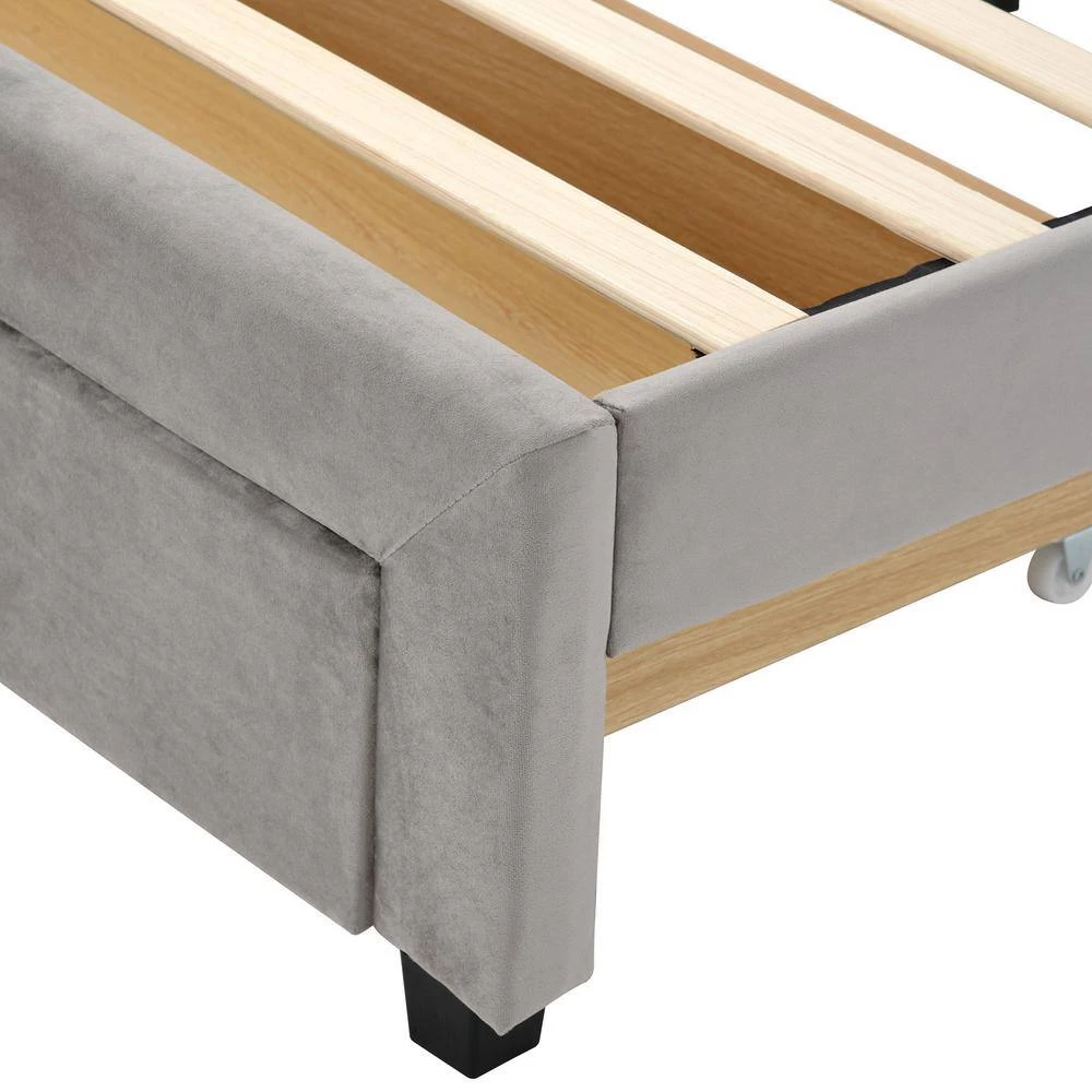 Queen Size Gray Platform Bed Velvet Upholstered Storage Bed with A Big-Drawer by GODEER - Image 9
