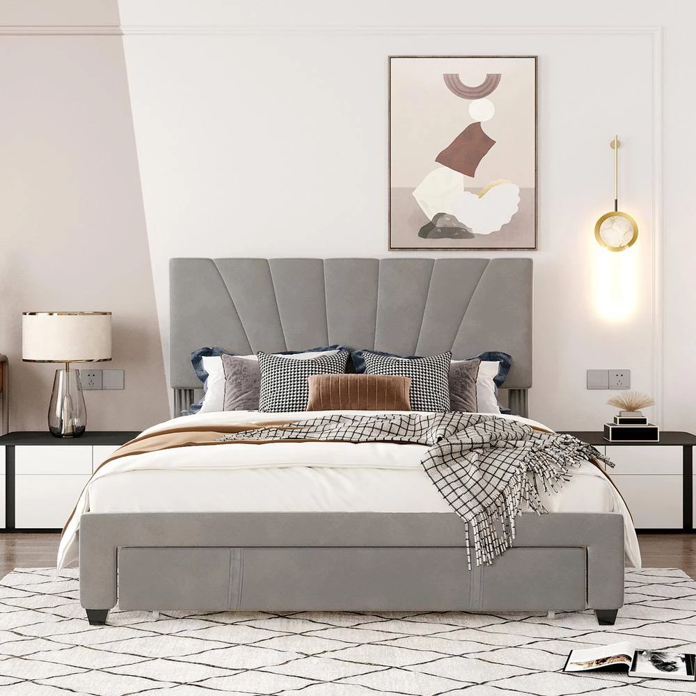 Queen Size Gray Platform Bed Velvet Upholstered Storage Bed with A Big-Drawer by GODEER - Image 13