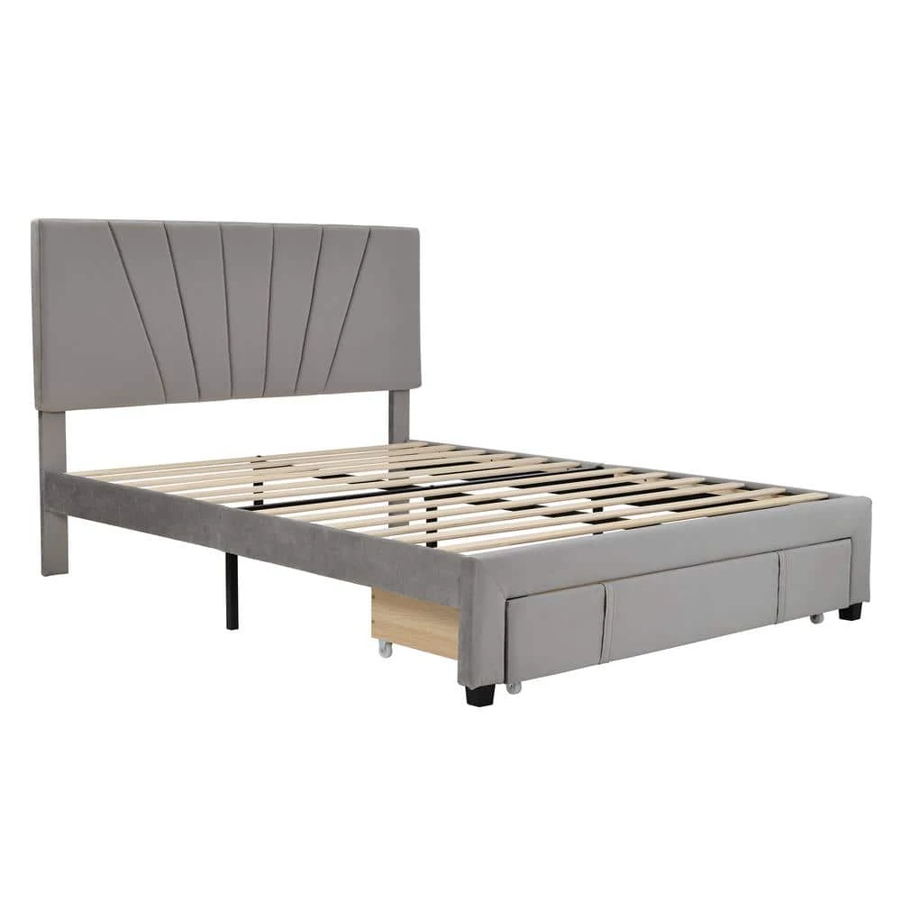 Queen Size Gray Platform Bed Velvet Upholstered Storage Bed with A Big-Drawer by GODEER - Image 3
