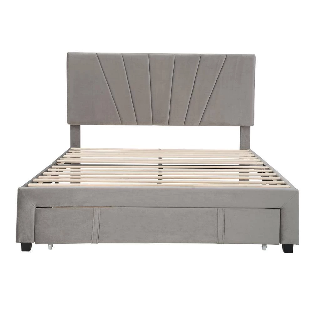 Queen Size Gray Platform Bed Velvet Upholstered Storage Bed with A Big-Drawer by GODEER - Image 6