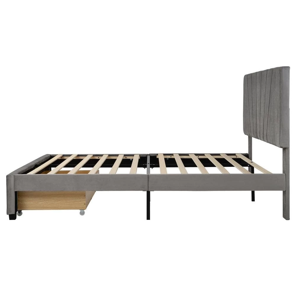 Queen Size Gray Platform Bed Velvet Upholstered Storage Bed with A Big-Drawer by GODEER - Image 4