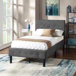 84 in. W Gray Twin Wood Frame Upholstered Platform Bed with Wooden Slat Support and Tufted Headboard and Footboard by GODEER