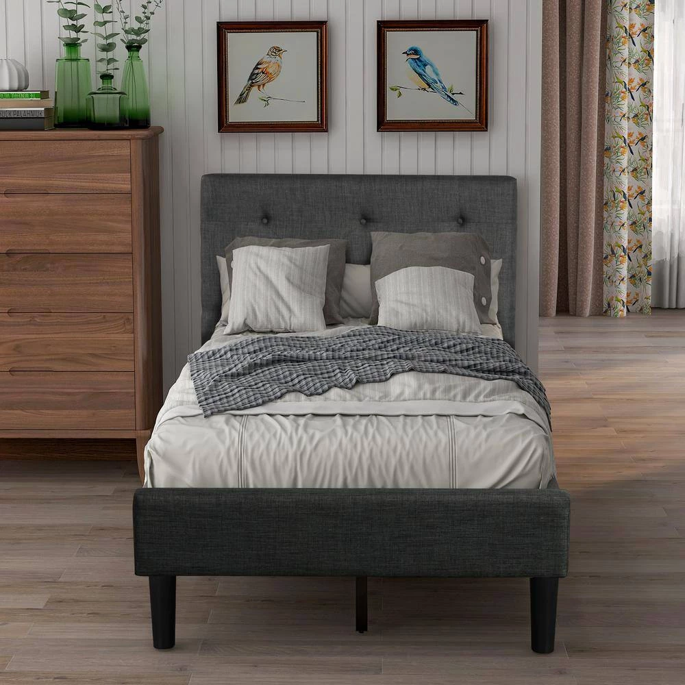 84 in. W Gray Twin Wood Frame Upholstered Button Tufted Platform Bed with Strong Wood Slat Support by GODEER - Image 12