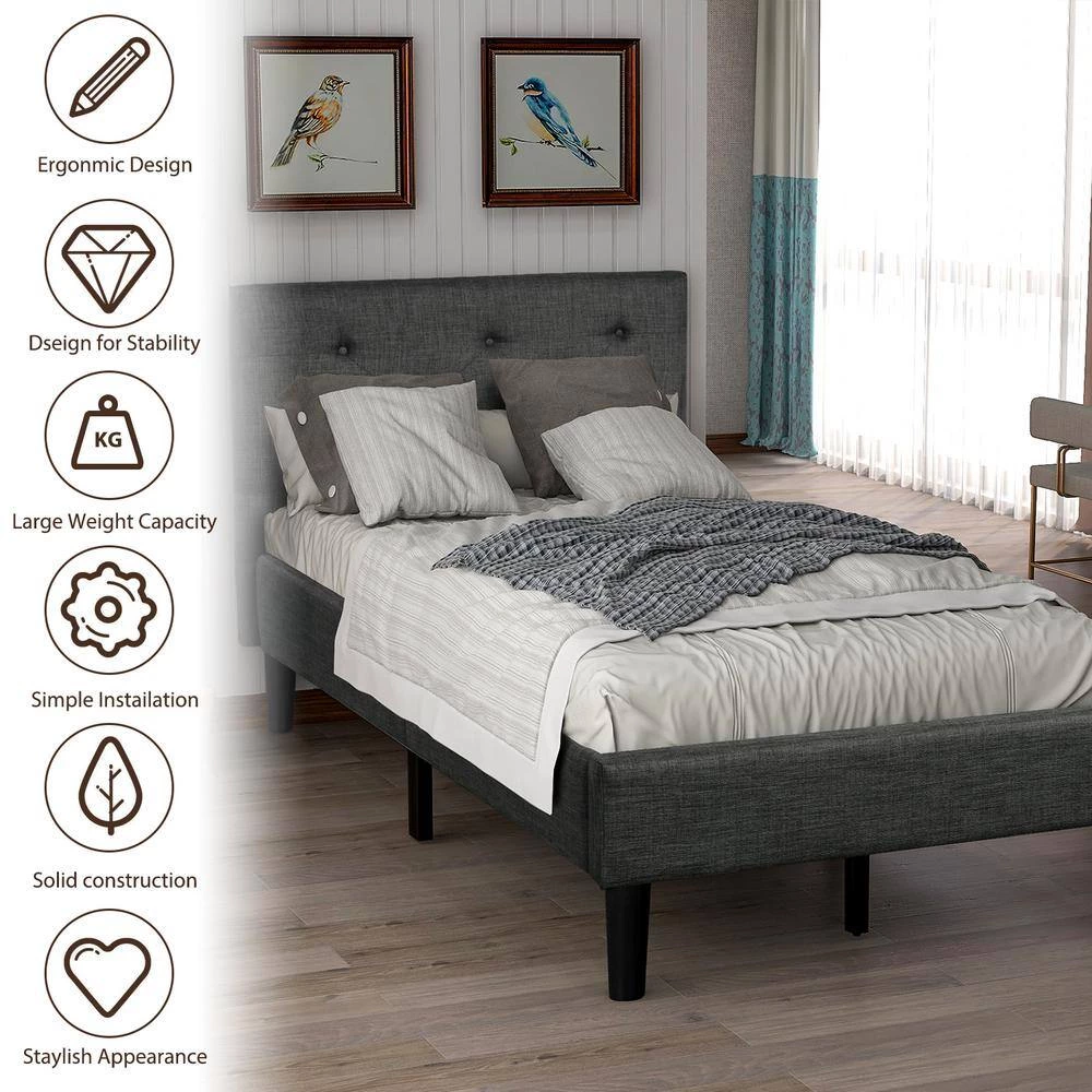 84 in. W Gray Twin Wood Frame Upholstered Button Tufted Platform Bed with Strong Wood Slat Support by GODEER - Image 9