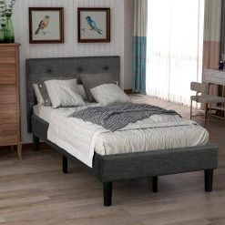 84 in. W Gray Twin Wood Frame Upholstered Button Tufted Platform Bed with Strong Wood Slat Support by GODEER