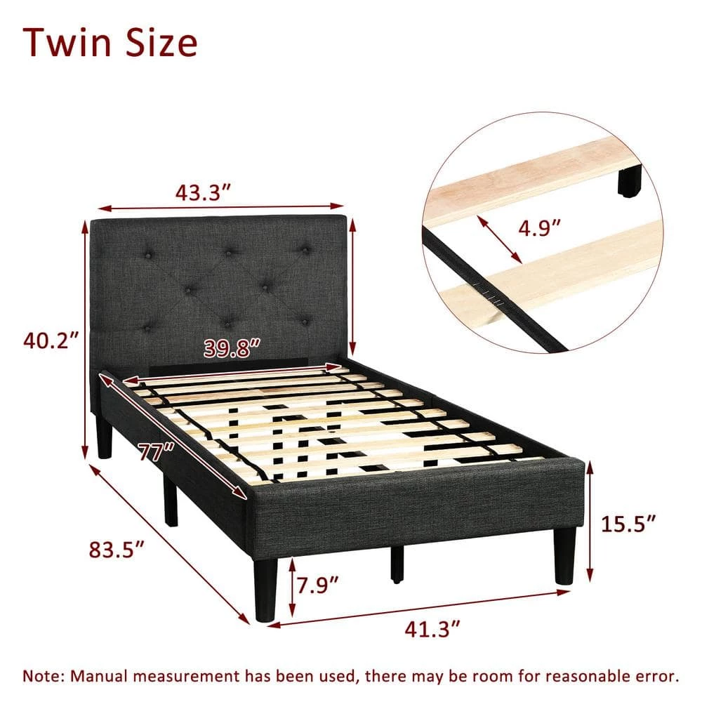 84 in. W Gray Twin Wood Frame Upholstered Button Tufted Platform Bed with Strong Wood Slat Support by GODEER - Image 4