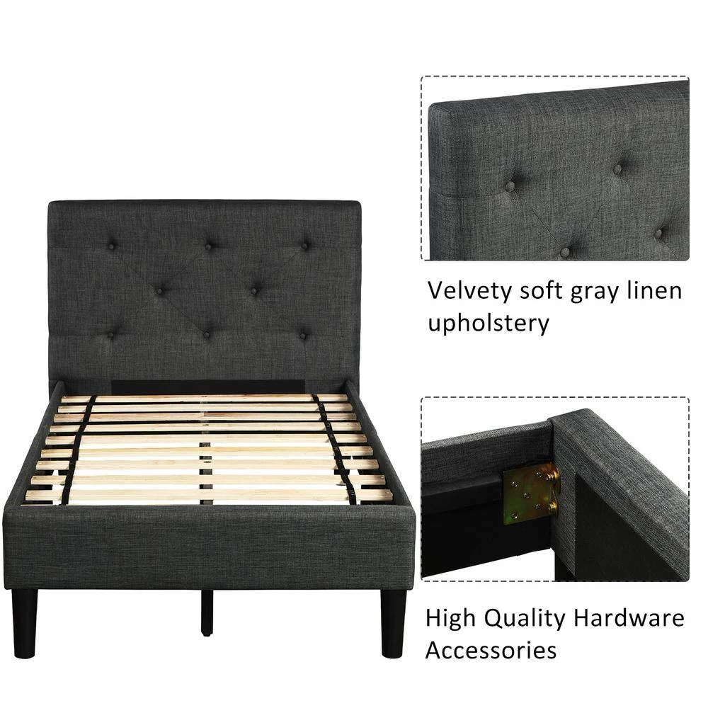 84 in. W Gray Twin Wood Frame Upholstered Button Tufted Platform Bed with Strong Wood Slat Support by GODEER - Image 11
