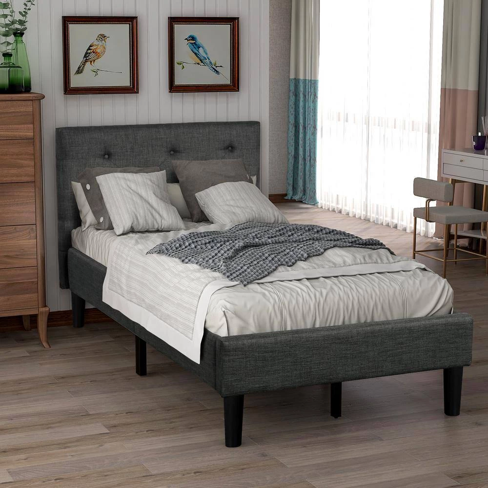 84 in. W Gray Twin Wood Frame Upholstered Button Tufted Platform Bed with Strong Wood Slat Support by GODEER - Image 2