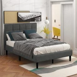 84 in. W Gray Twin Wood Frame Upholstered Diamond Stitched Platform Bed by GODEER
