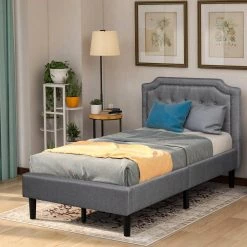 84 in. W Gray Twin Size Wood Frame Upholstered Scalloped Linen Platform Bed by GODEER