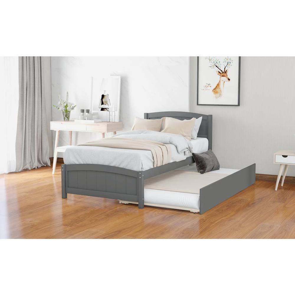 80 in. W Gray Twin Size Wood Frame Platform Bed with Trundle by GODEER - Image 10