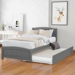 80 in. W Gray Twin Size Wood Frame Platform Bed with Trundle by GODEER