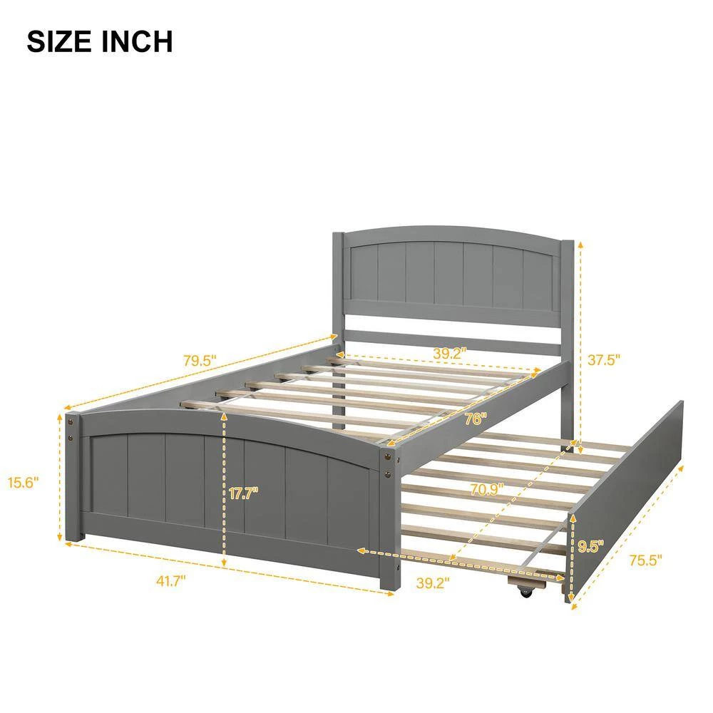 80 in. W Gray Twin Size Wood Frame Platform Bed with Trundle by GODEER - Image 5