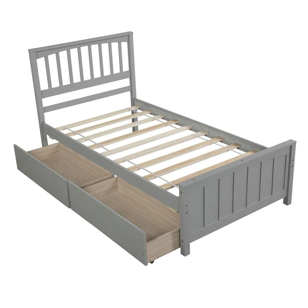80 in. W Gray Twin Size Wood Frame Platform Bed with 2-Drawers by GODEER