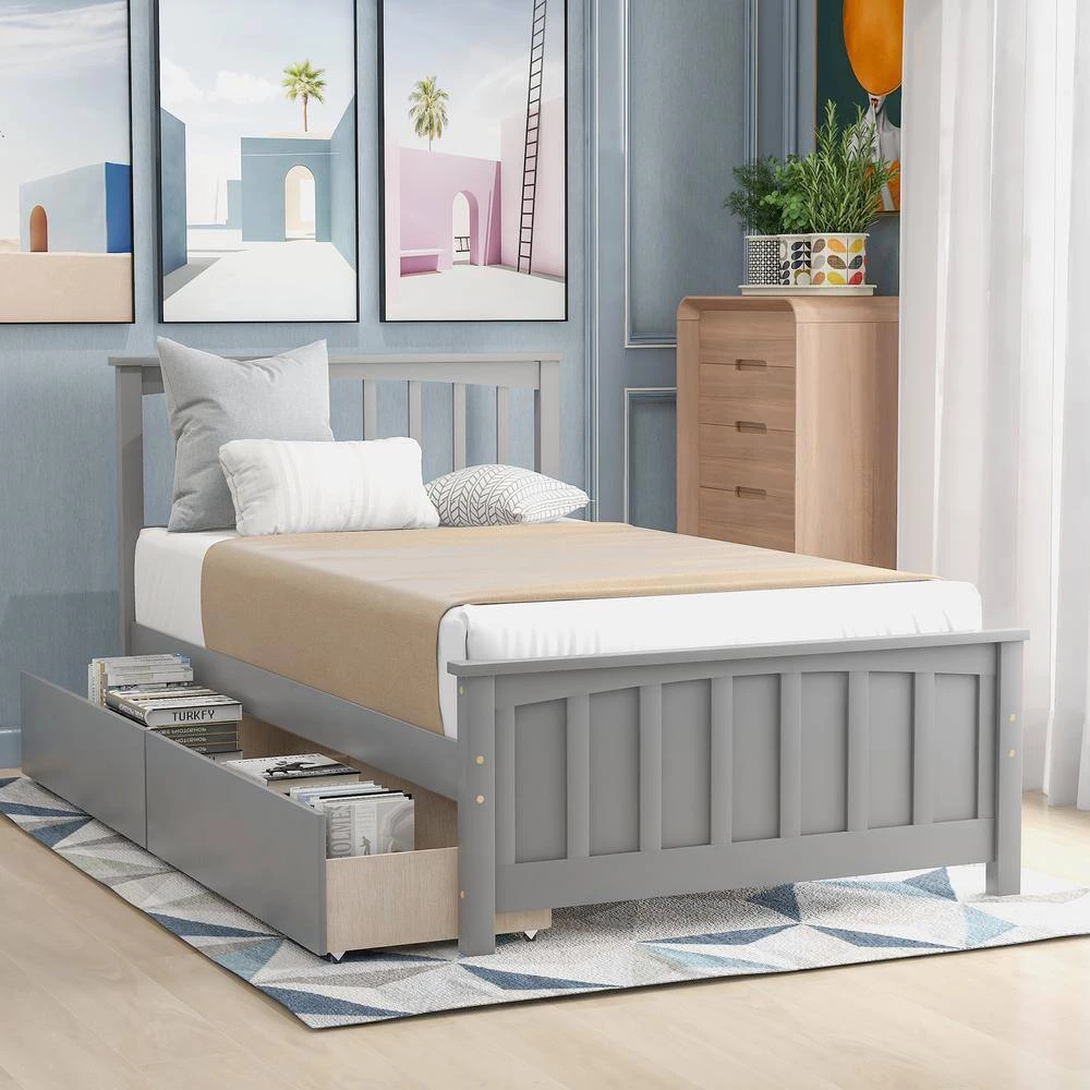 80 in. W Gray Twin Size Wood Frame Platform Bed with 2-Drawers by GODEER - Image 2