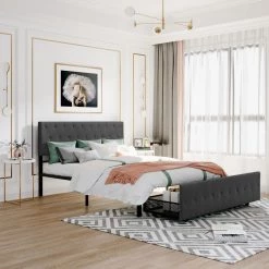 Queen Size Gray Platform Bed Metal Storage Bed with A Big-Drawer by GODEER