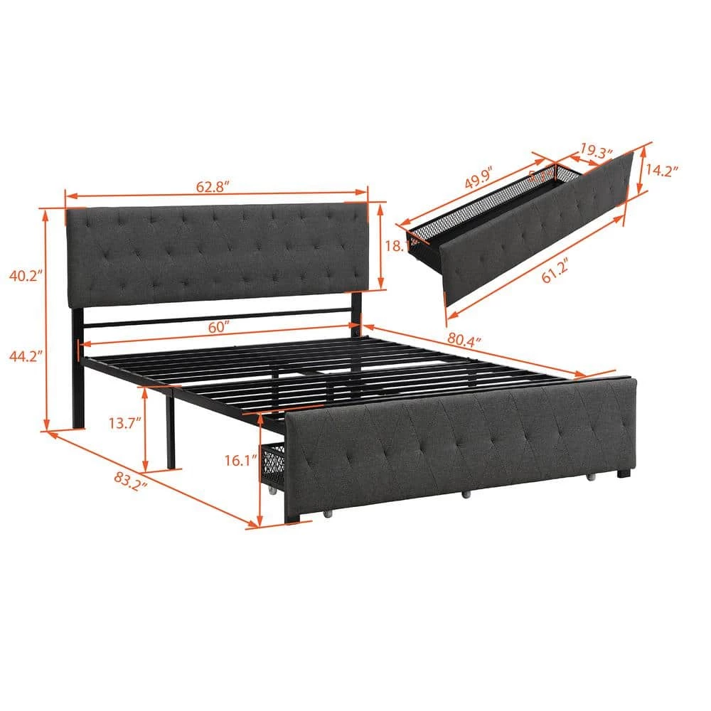 Queen Size Gray Platform Bed Metal Storage Bed with A Big-Drawer by GODEER - Image 5