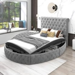 94 in. W Gray Full Size Round Shape Velvet Wood Frame Low Profile Storage Platform Bed with Storage Space by GODEER