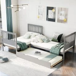 118 in. W Gray Wood Frame Twin Size L-Shaped Platform Bed with Trundle by GODEER