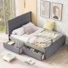 85 in. W Gray Queen Size Linen Upholstered Wood Frame Platform Bed with Headboard and 2-Drawers by GODEER
