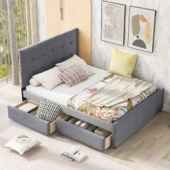 85 in. W Gray Queen Size Linen Upholstered Wood Frame Platform Bed with Headboard and 2-Drawers by GODEER