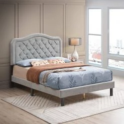 83.80 in. W Gray Velvet Wood Frame Queen Platform Bed Button Tufted with Curve Design by GODEER