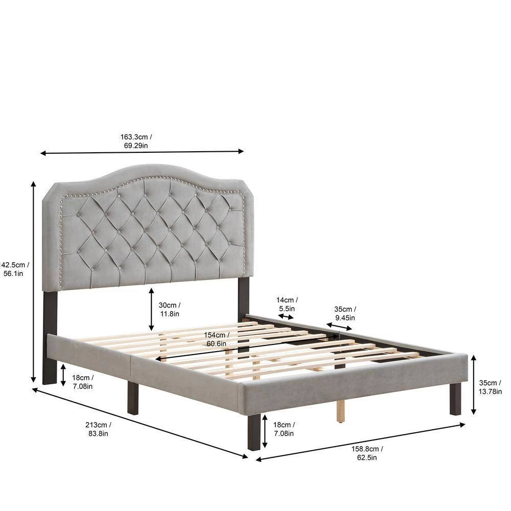 83.80 in. W Gray Velvet Wood Frame Queen Platform Bed Button Tufted with Curve Design by GODEER - Image 3