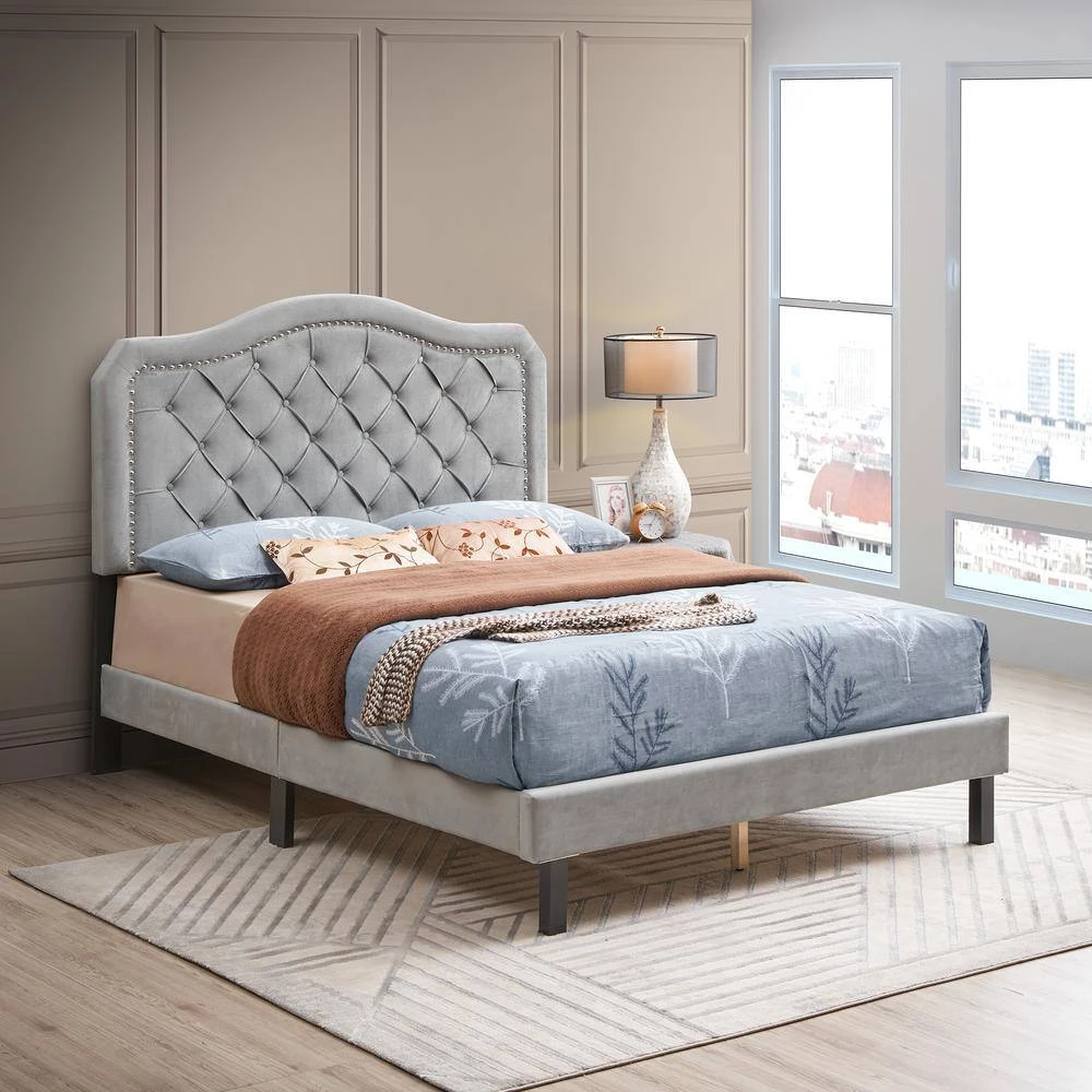 83.80 in. W Gray Velvet Wood Frame Queen Platform Bed Button Tufted with Curve Design by GODEER - Image 2