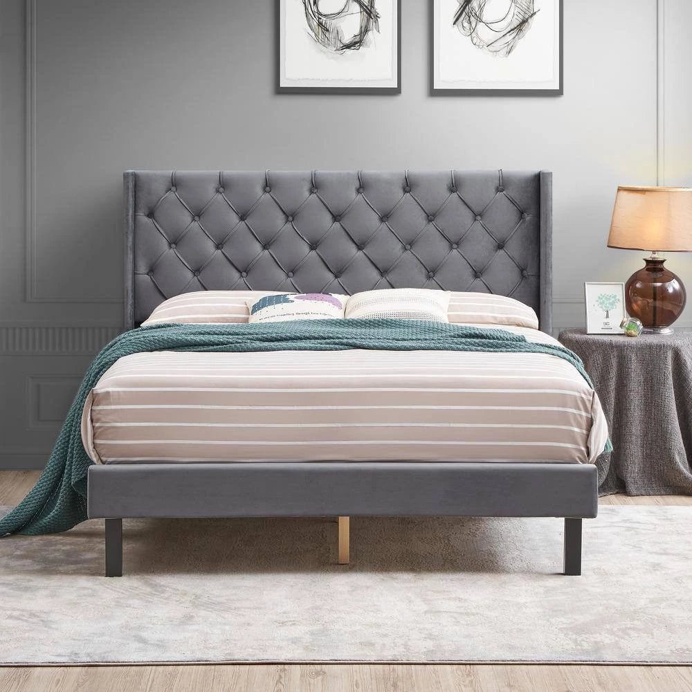 83.80 in. W Gray Velvet Wood Frame Queen Platform Bed with Wings Design by GODEER - Image 10