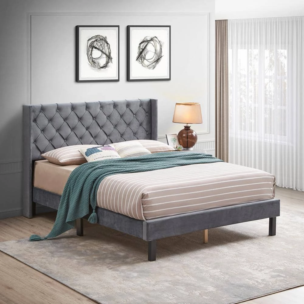 83.80 in. W Gray Velvet Wood Frame Queen Platform Bed with Wings Design by GODEER