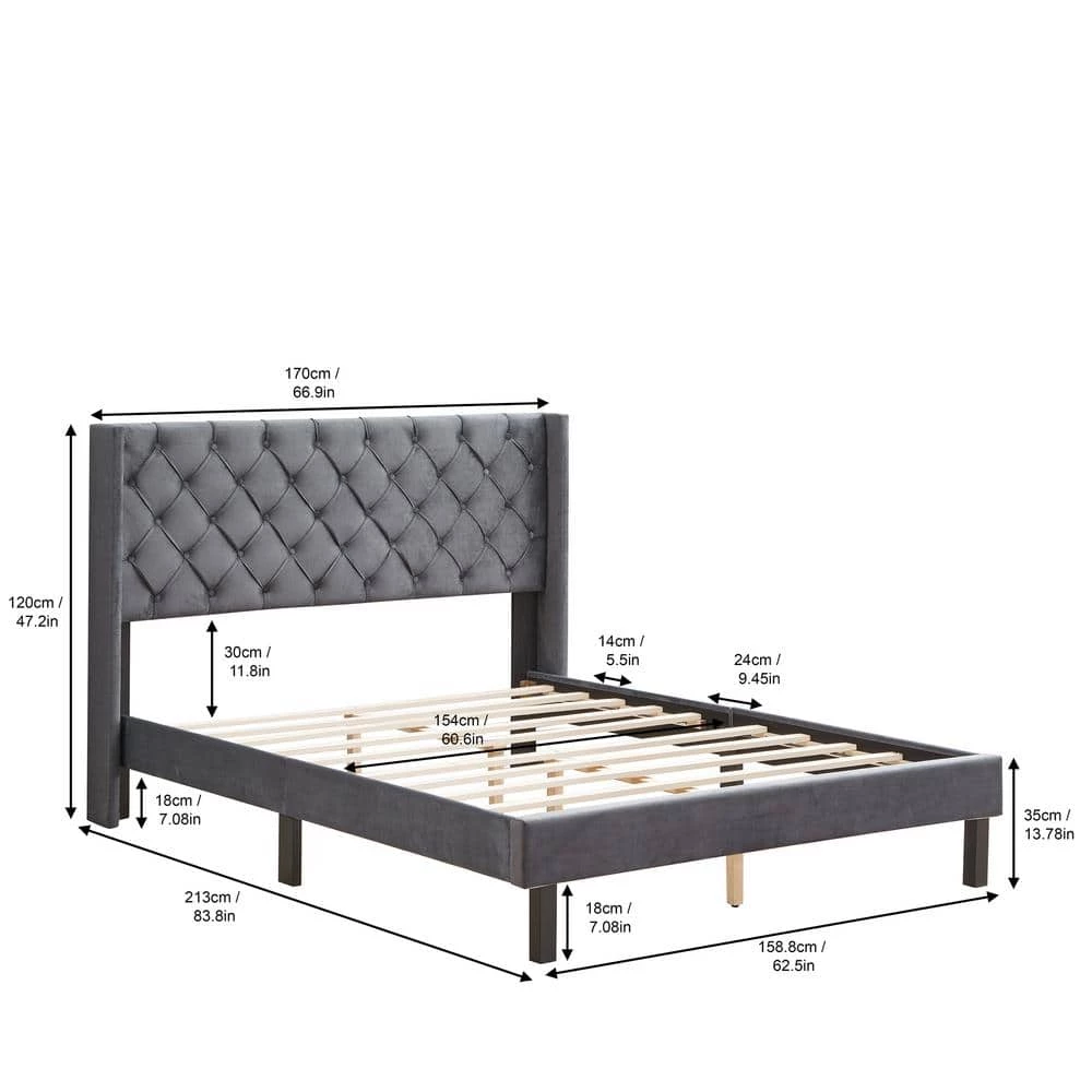 83.80 in. W Gray Velvet Wood Frame Queen Platform Bed with Wings Design by GODEER - Image 3