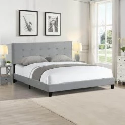 87.00 in. W Gray Velvet Wood Frame King Size Platform Bed with Pull Point Tufted Headboard by GODEER