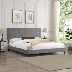 87.00 in. W Gray Linen Wood Frame King Platform Bed with Modern Button Tufted by GODEER