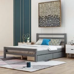 79 in. W Gray Full Wood Frame Platform Bed with 2-Drawers by GODEER
