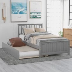 Gray Twin Platform Bed with Trundle by GODEER