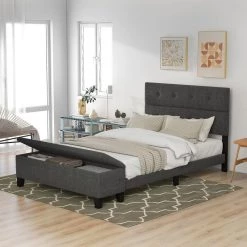81 in. W Gray Upholstered Queen Size Platform Bed with Storage Case by GODEER