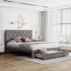 81 in. W Gray Queen Size Storage Bed Velvet Upholstered Platform Bed with a Big Drawer by GODEER