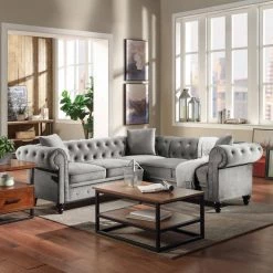 80 in. W 2-piece Deep Button Tufted Velvet Rolled Arm Chesterfield L Shaped Sectional Sofa 3 Pillows Included in Gray by GODEER