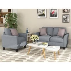 54 in. W 2-piece Linen Living Room Furniture Armrest Single Chair and Loveseat Sofa in Gray by GODEER