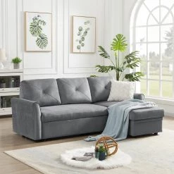 83 in. W 2-Piece Velvet Pull Out Sleeper Sofa Reversible L-Shape 3-Seat Sectional Couch with Storage in Gray by GODEER