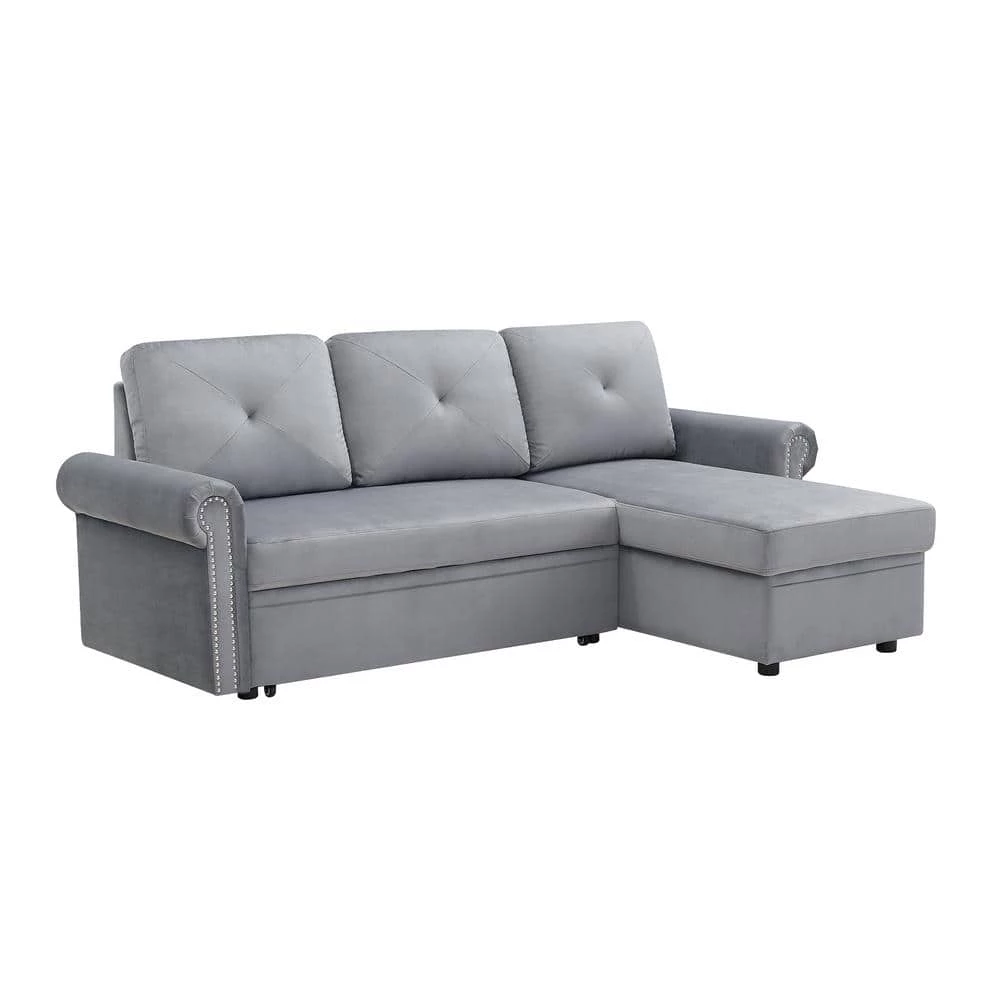 83 in. W 2-Piece Velvet Sleeper Sofa Bed Convertible Sectional Couch with Storage Chaise in Gray by GODEER - Image 3