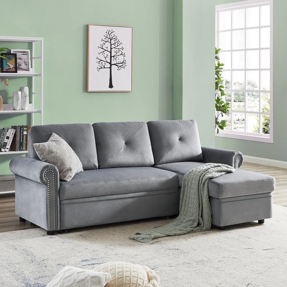 83 in. W 2-Piece Velvet Sleeper Sofa Bed Convertible Sectional Couch with Storage Chaise in Gray by GODEER