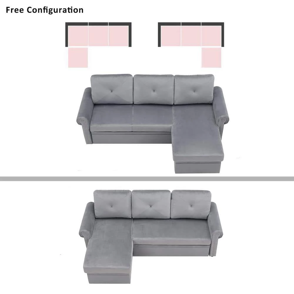 83 in. W 2-Piece Velvet Sleeper Sofa Bed Convertible Sectional Couch with Storage Chaise in Gray by GODEER - Image 12